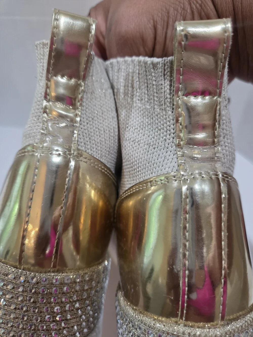 Michael Kors Cream Knit Slip-On Sneaker Boot with Gold Heel Size 8.